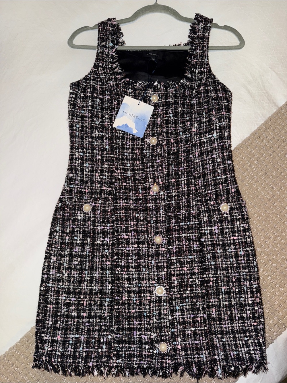 MAJORELLE NWT Black Tweed Pearl-Button Shift Dress with Pink Accents XS